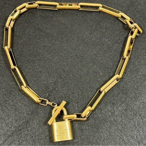 LOUIS VUITTON Brass Pad Lock as a pendant on a FOSSIL brass toggle necklace EUC - Picture 5 of 16